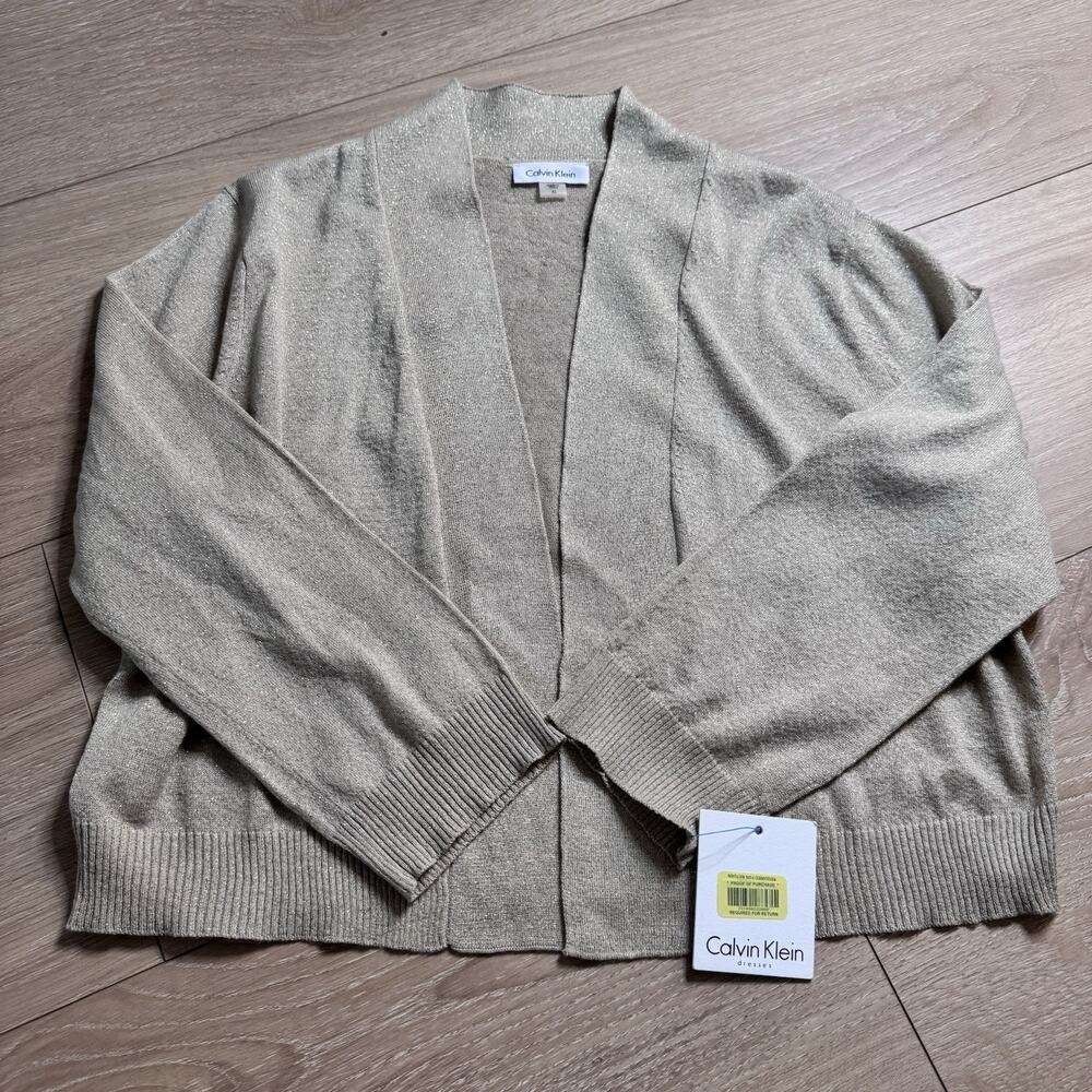 NWT‎ Calvin Klein Womens Large Gold Metallic Shimmer Open Front Cardigan XL